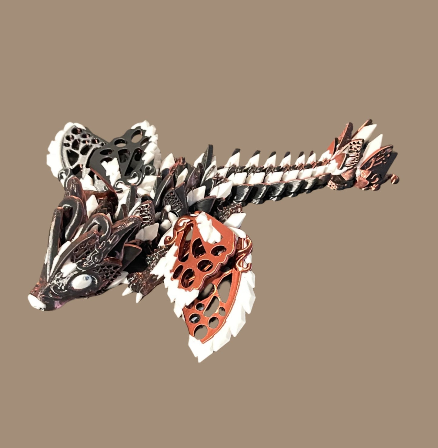 3-D Printed Dragon With Rust Brown and White