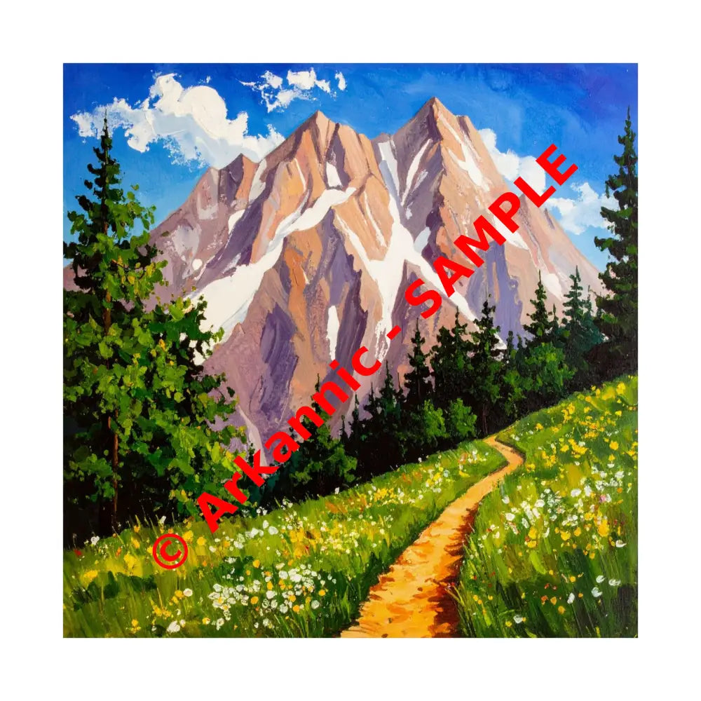 Alpine Radiance: Mountain Majesty in Impressionist Style Wildflower Meadow Landscape Poster 14’’ x 14’’ Poster