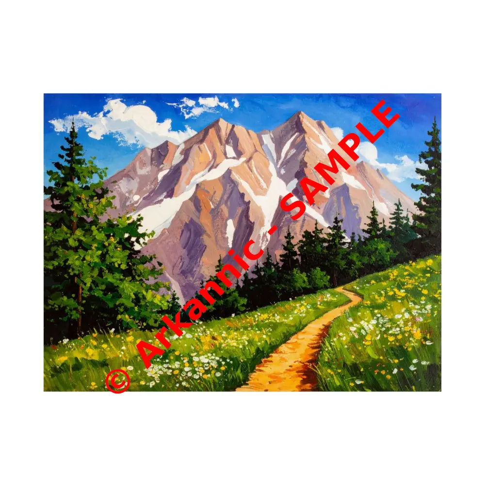 Alpine Radiance: Mountain Majesty in Impressionist Style Wildflower Meadow Landscape Poster 24″ x 18″ Poster