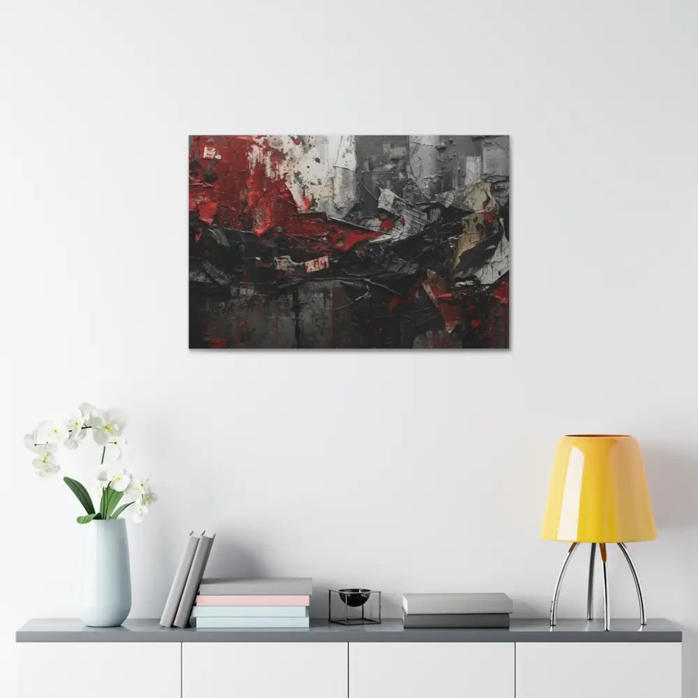 An abstract artwork with textured brushstrokes and fragmented shapes that suggest movement and struggle. Canvas