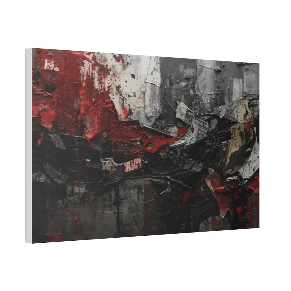 An abstract artwork with textured brushstrokes and fragmented shapes that suggest movement and struggle. Canvas