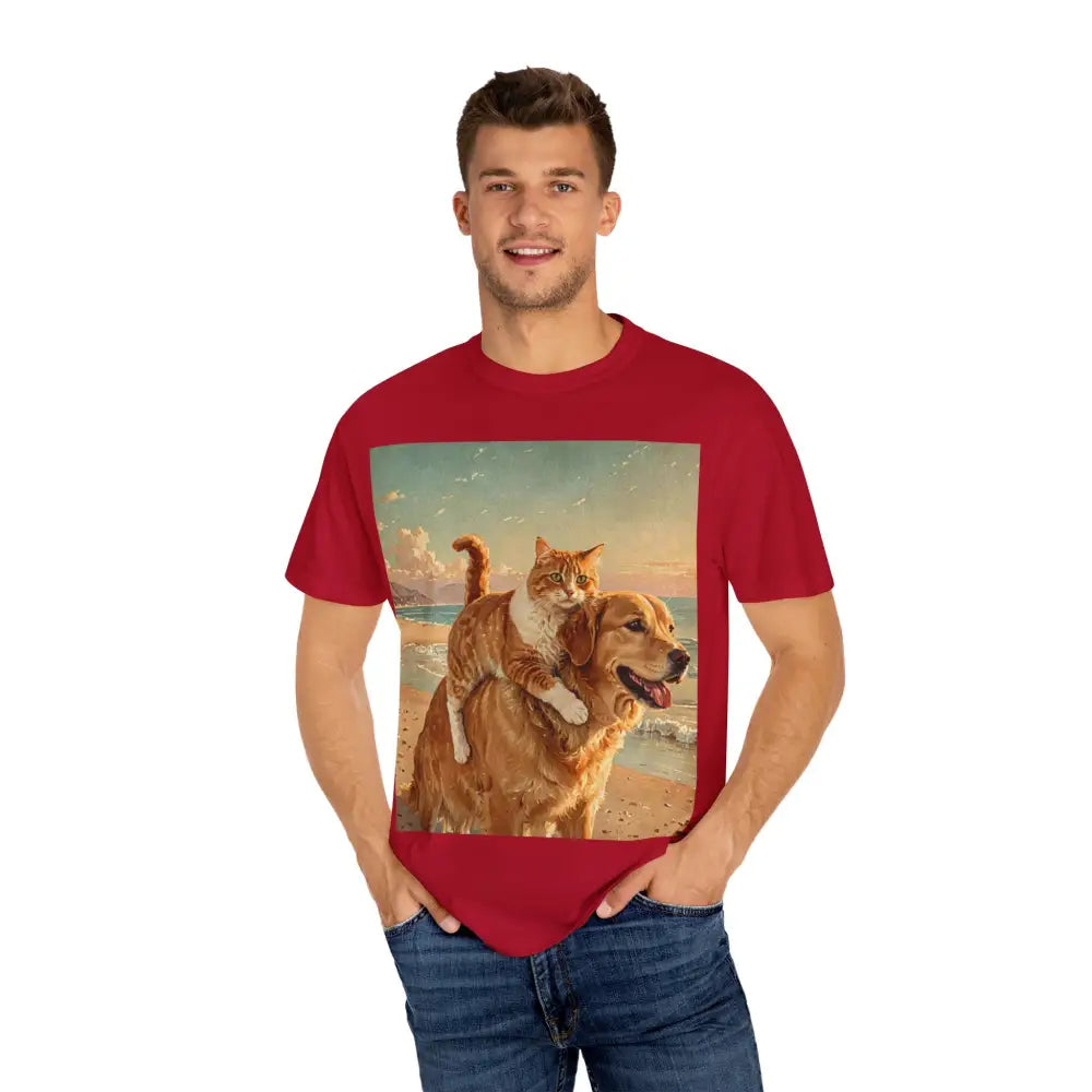 ’Beach Besties’ Garment-Dyed T-Shirt – Cat & Dog Sunset Ride T-Shirt