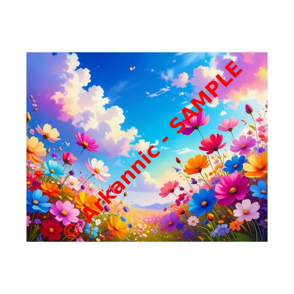 Cosmos Meadow Dreams: Digital Illustration of Vibrant Wildflowers Pastel Sky Landscape Poster 14″ x 11″ Poster