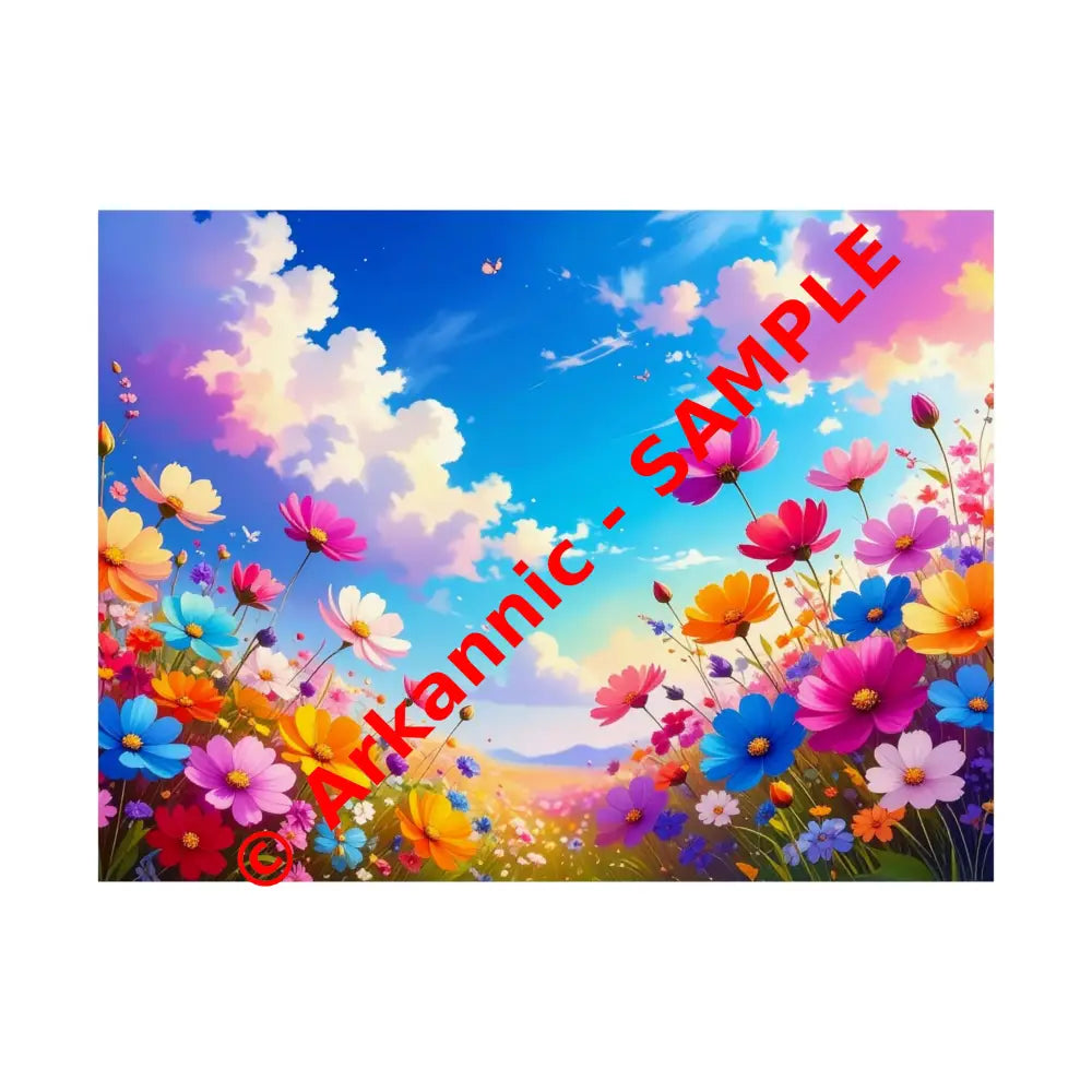 Cosmos Meadow Dreams: Digital Illustration of Vibrant Wildflowers Pastel Sky Landscape Poster 24″ x 18″ Poster