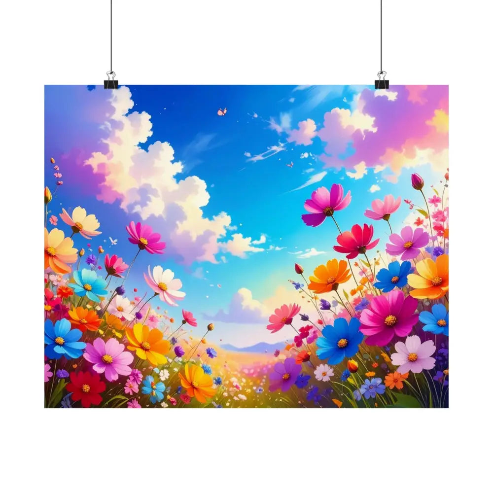 Cosmos Meadow Dreams: Digital Illustration of Vibrant Wildflowers Pastel Sky Landscape Poster Poster