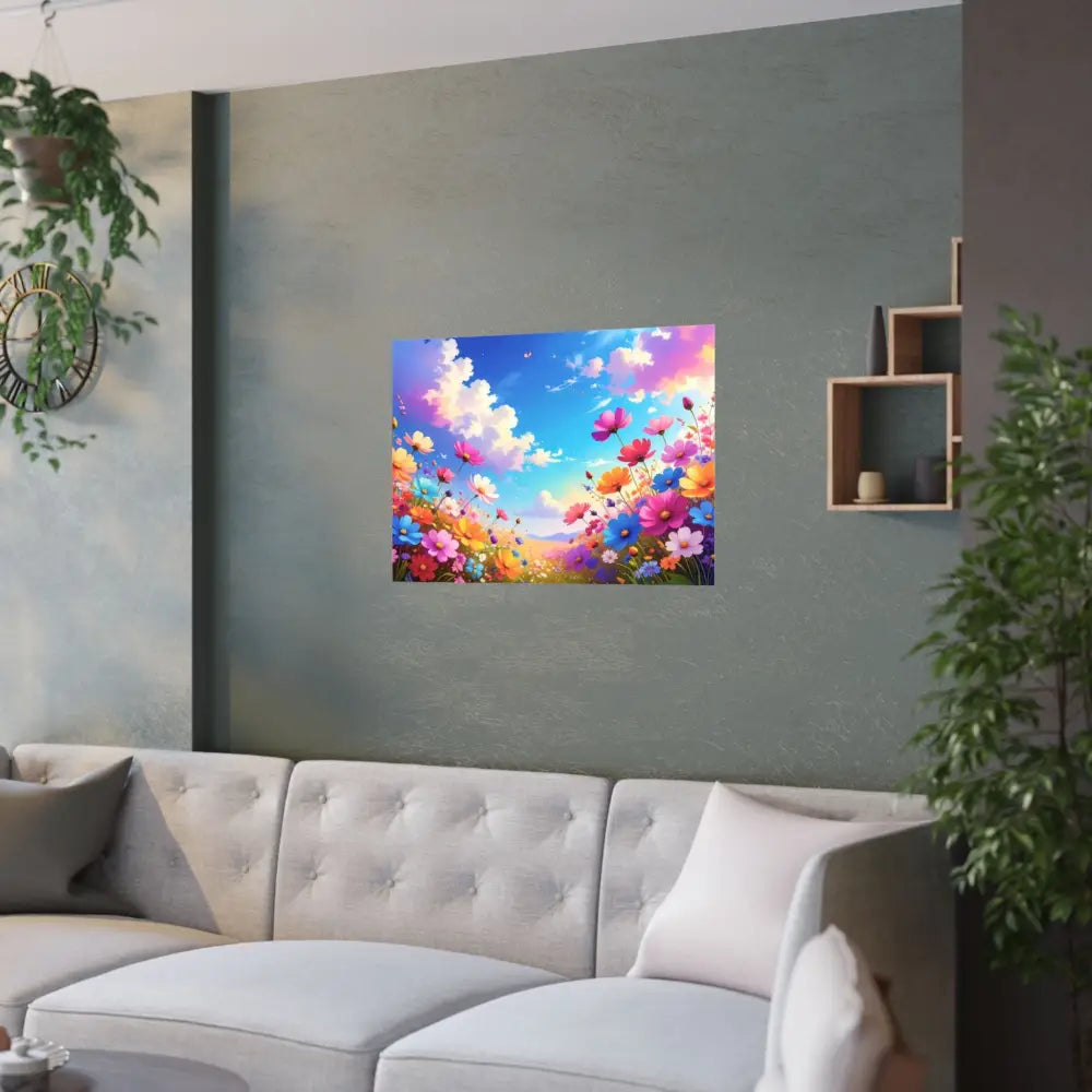 Cosmos Meadow Dreams: Digital Illustration of Vibrant Wildflowers Pastel Sky Landscape Poster Poster