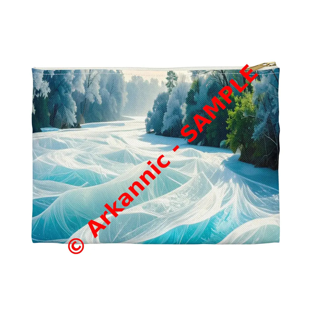 Crystalline Reverie: Frozen River Dreamscape Winter’s Ethereal Symphony Accessory Pouch Small / White zipper Bags