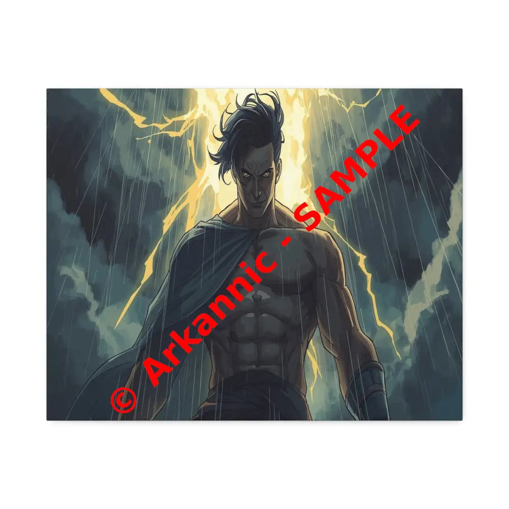 Elemental Fury: Muscular Hero in Lightning Storm Digital Graphic Novel Illustration Canvas Print 20″ x 16″ (Horizontal)