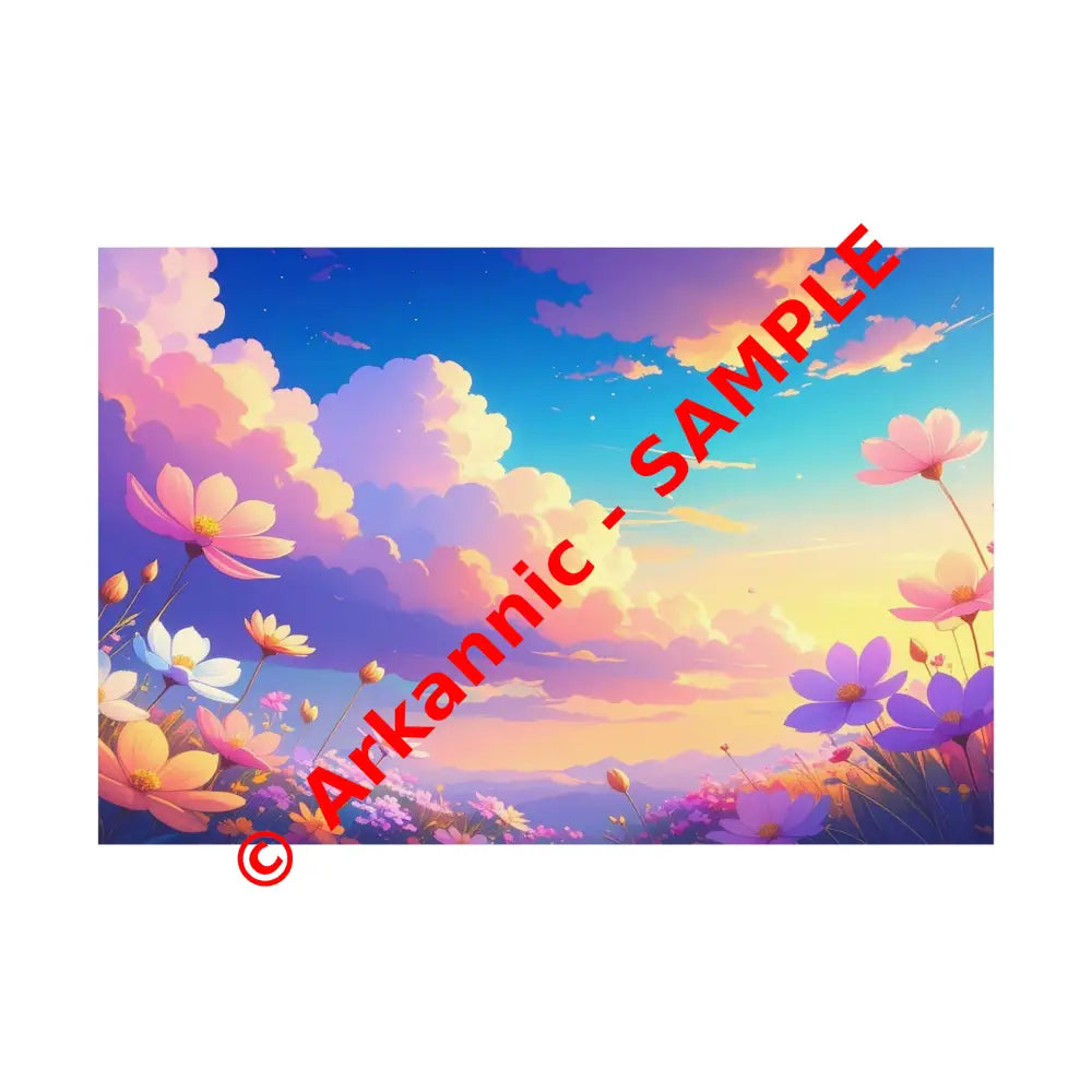 Ethereal Summer Sunset: Cosmos Flower Landscape Digital Painterly Illustration Poster 30″ x 20″ Poster