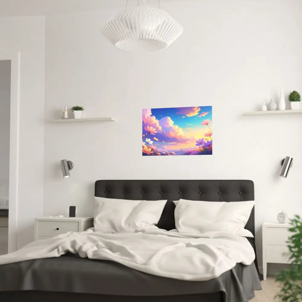 Ethereal Summer Sunset: Cosmos Flower Landscape Digital Painterly Illustration Poster Poster