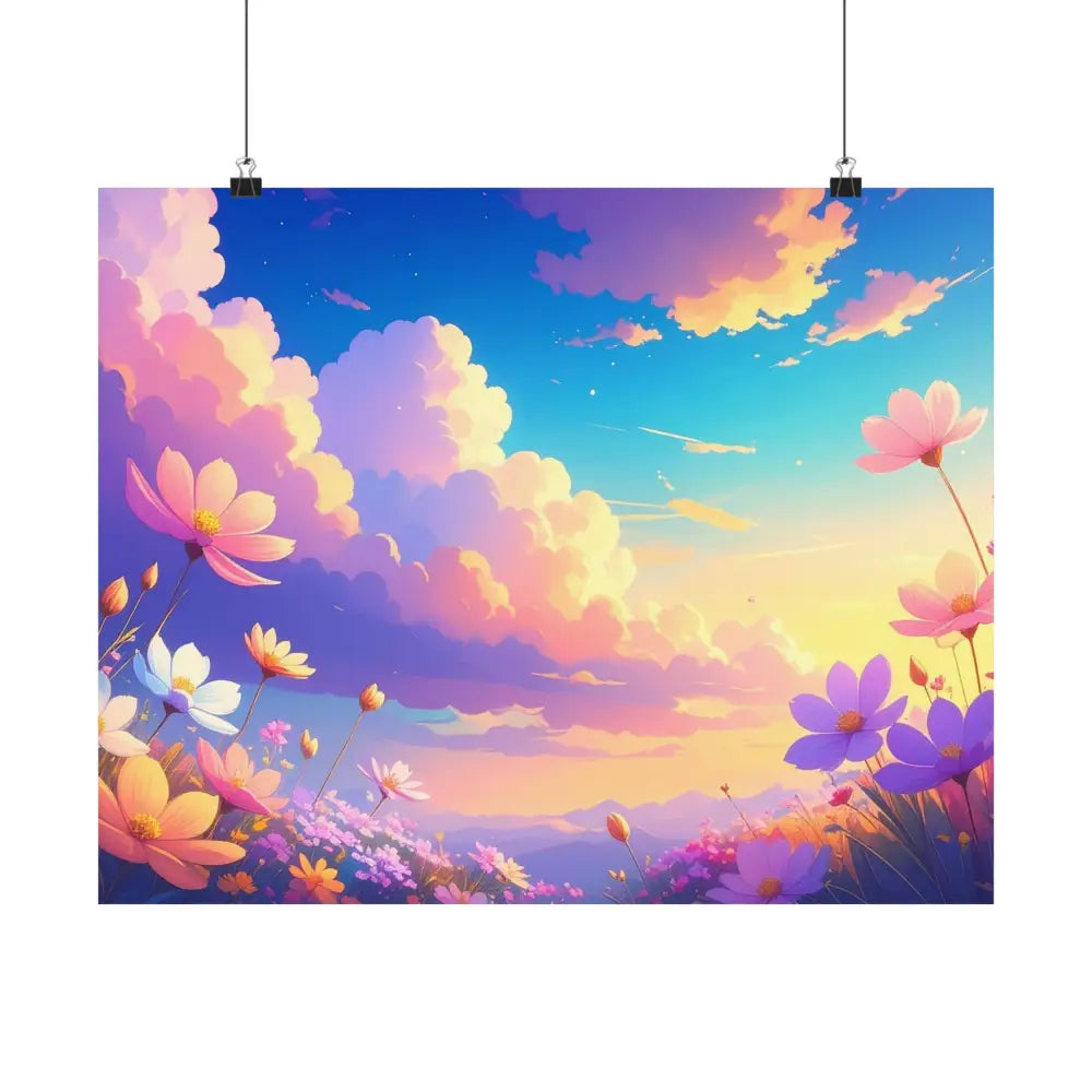 Ethereal Summer Sunset: Cosmos Flower Landscape Digital Painterly Illustration Poster Poster