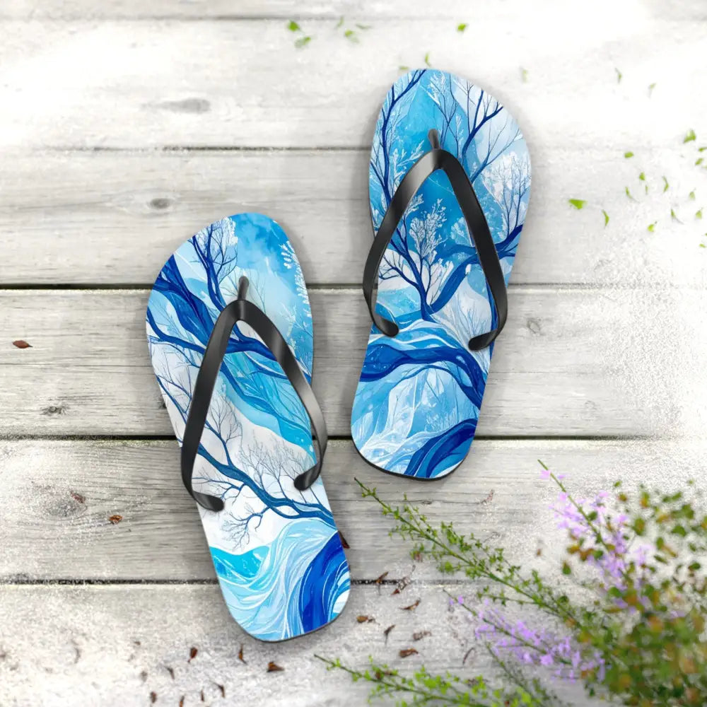 Frozen Whispers: Winter’s Ethereal Dance Blue Landscape Abstraction Flip Flop Shoes Shoes