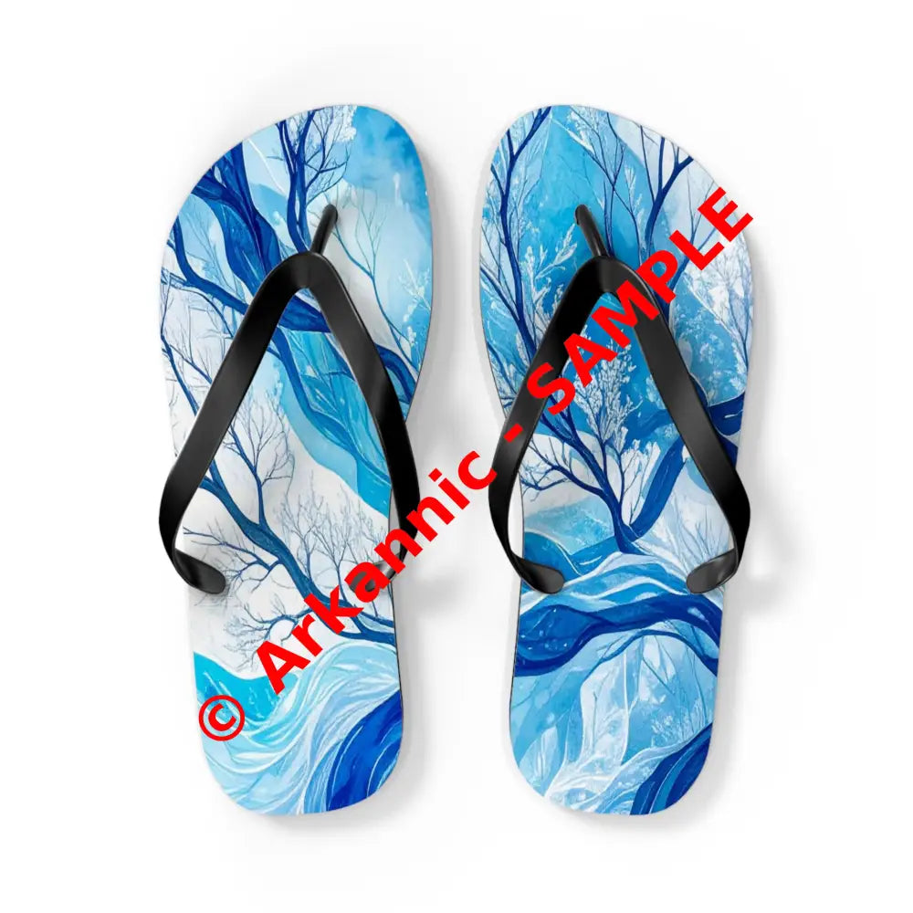 Frozen Whispers: Winter’s Ethereal Dance Blue Landscape Abstraction Flip Flop Shoes L / Black sole Shoes