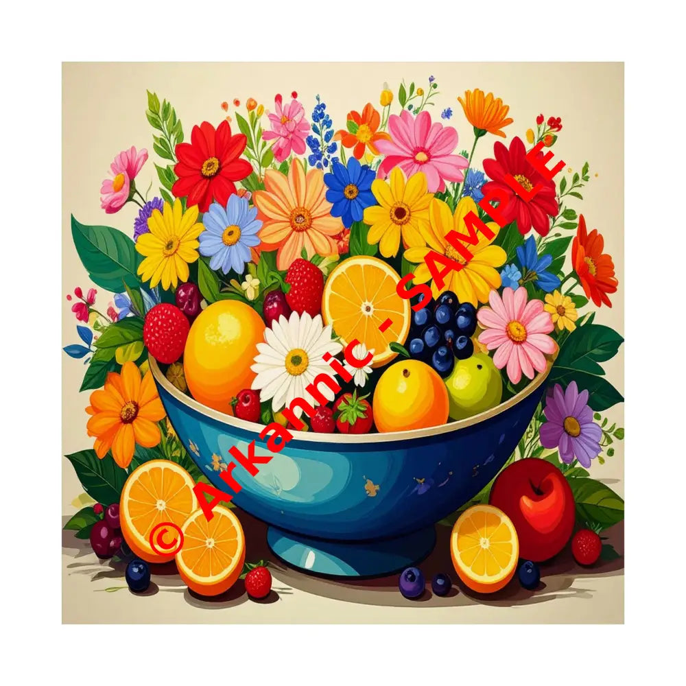 Nature’s Cornucopia: Vibrant Ceramic Bowl Overflowing Artistic Botanical Illustration Poster 14’’ x 14’’ Poster