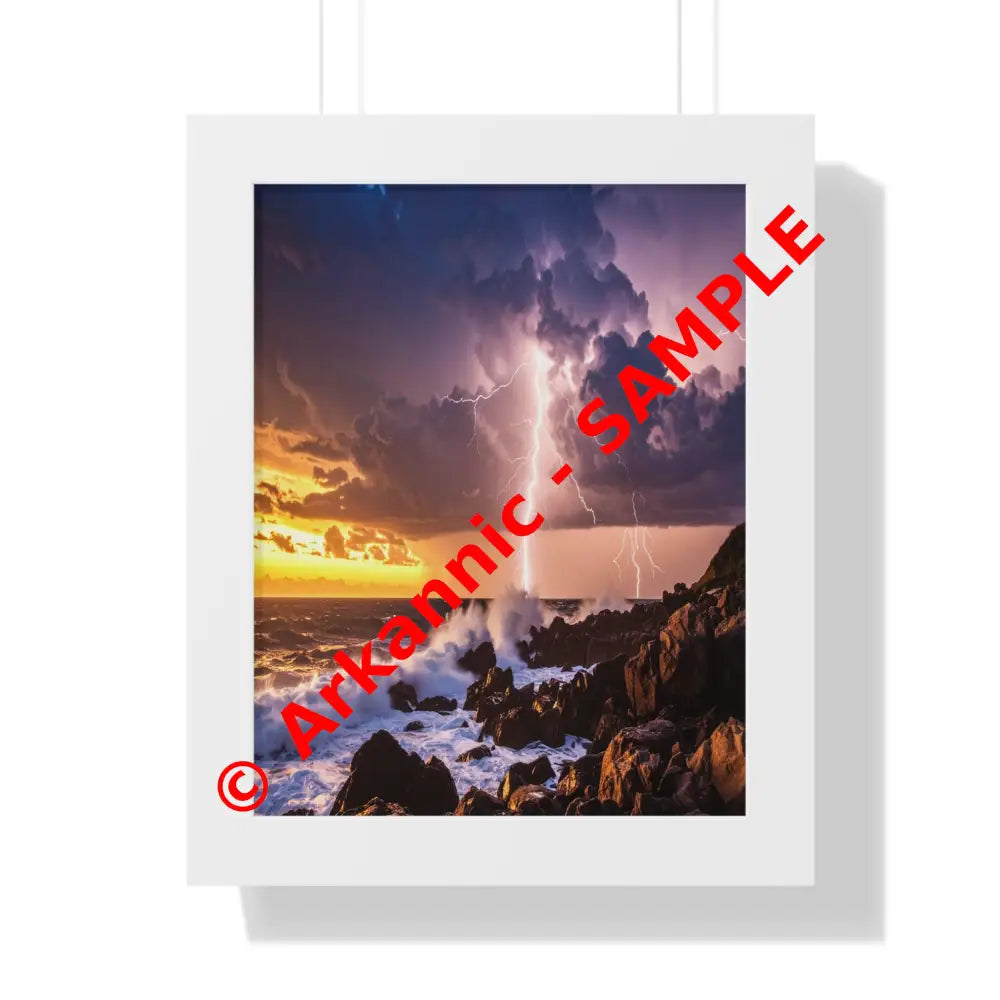 Nature’s Fury: Lightning Storm Seascape HDR Coastal LandscapeFramed Verticle Poster White / 11’’ x 14’’ Poster