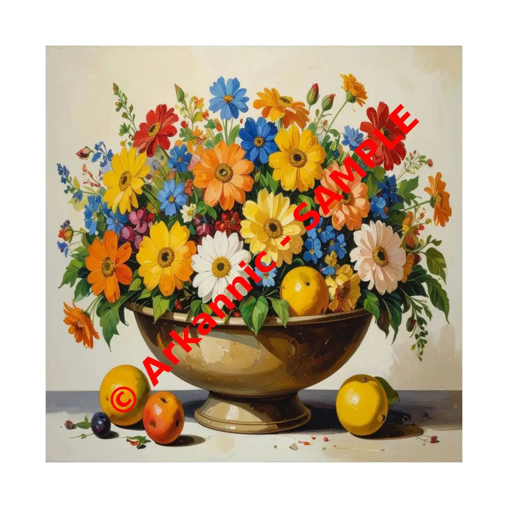 Radiant Botanical Bounty: Vibrant Floral Still Life Realist Pedestal Arrangement Poster 14’’ x 14’’ Poster