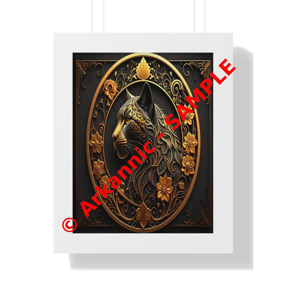 Regal Feline: Golden Jaguar Portrait Ornate Digital Art MasterpieceFramed Verticle Poster White / 11’’ x 14’’ Poster