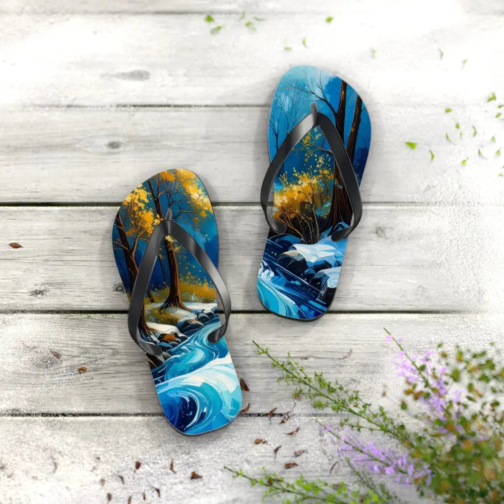River’s Passage: Seasonal Transitions Winter Forest Landscape Turquoise Impressionist Flow Flip Flop Shoes Shoes