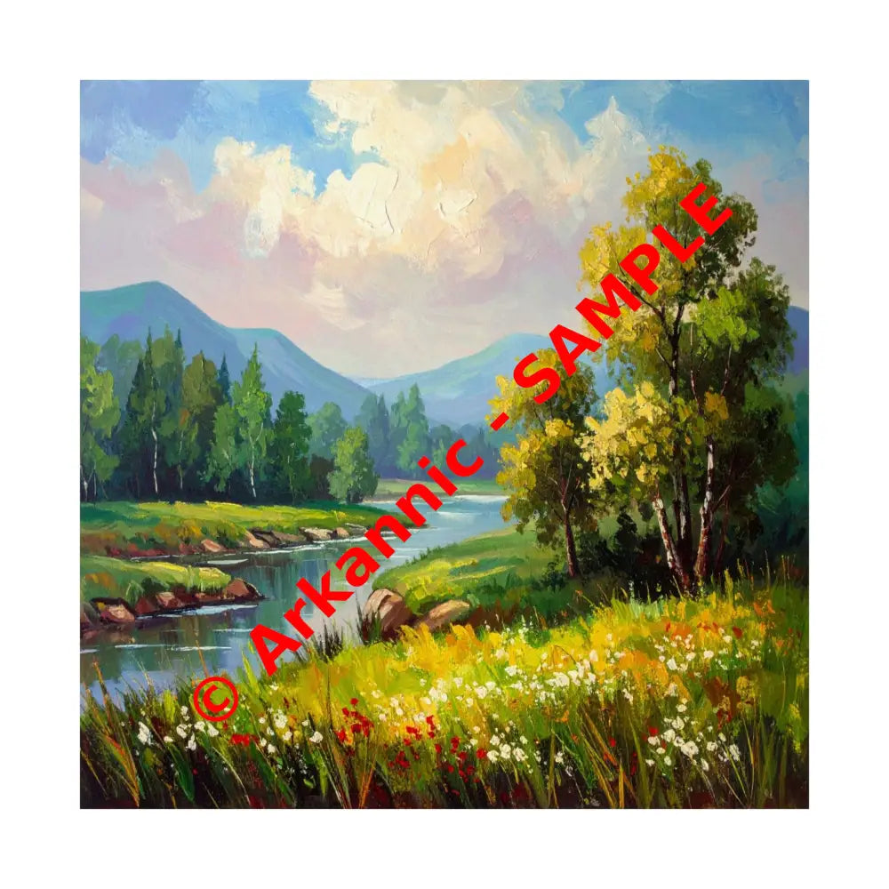 Riverside Harmony: Impressionist Landscape Mountain and River Scene Poster 14’’ x 14’’ Poster