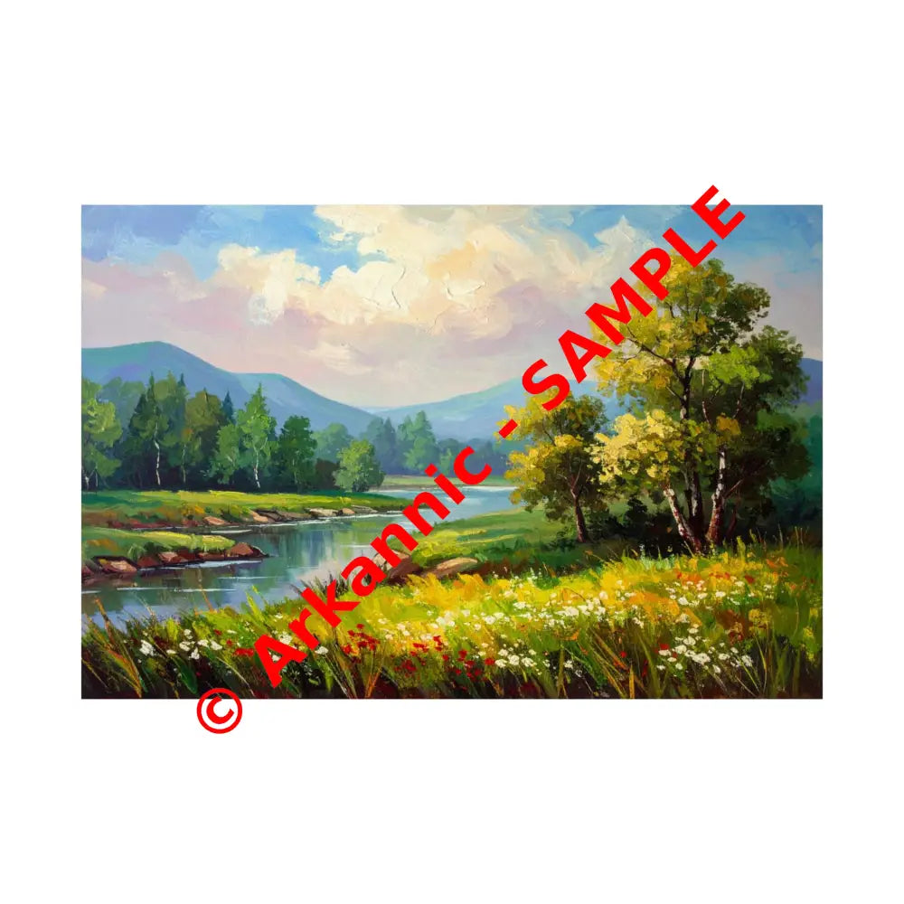 Riverside Harmony: Impressionist Landscape Mountain and River Scene Poster 30″ x 20″ Poster