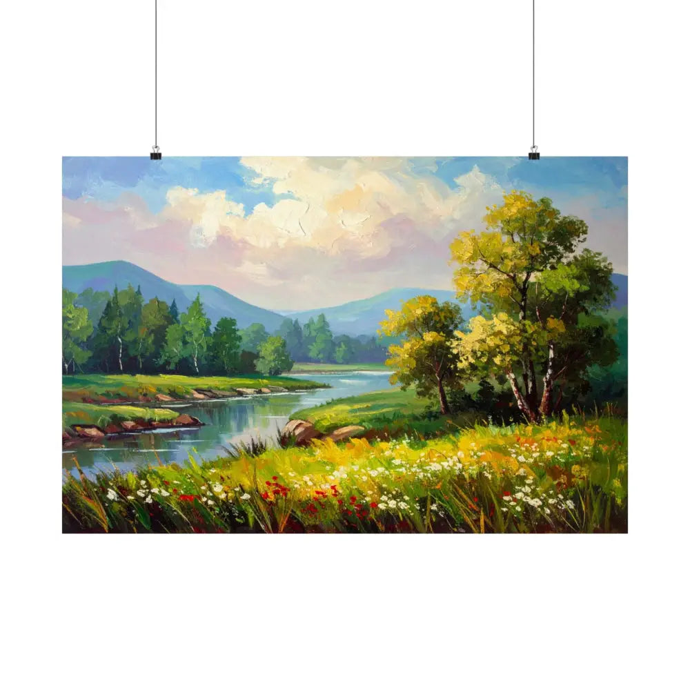 Riverside Harmony: Impressionist Landscape Mountain and River Scene Poster Poster