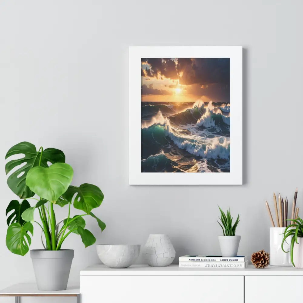 Tempest of Illumination: Oceanic Surge Golden Sunset SeascapeFramed Verticle Poster Poster