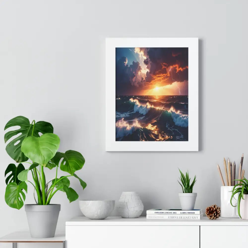 Tempest’s Fury: Maritime Storm Seascape Dramatic Sunset Thunderstorm PhotographyFramed Verticle Poster Poster