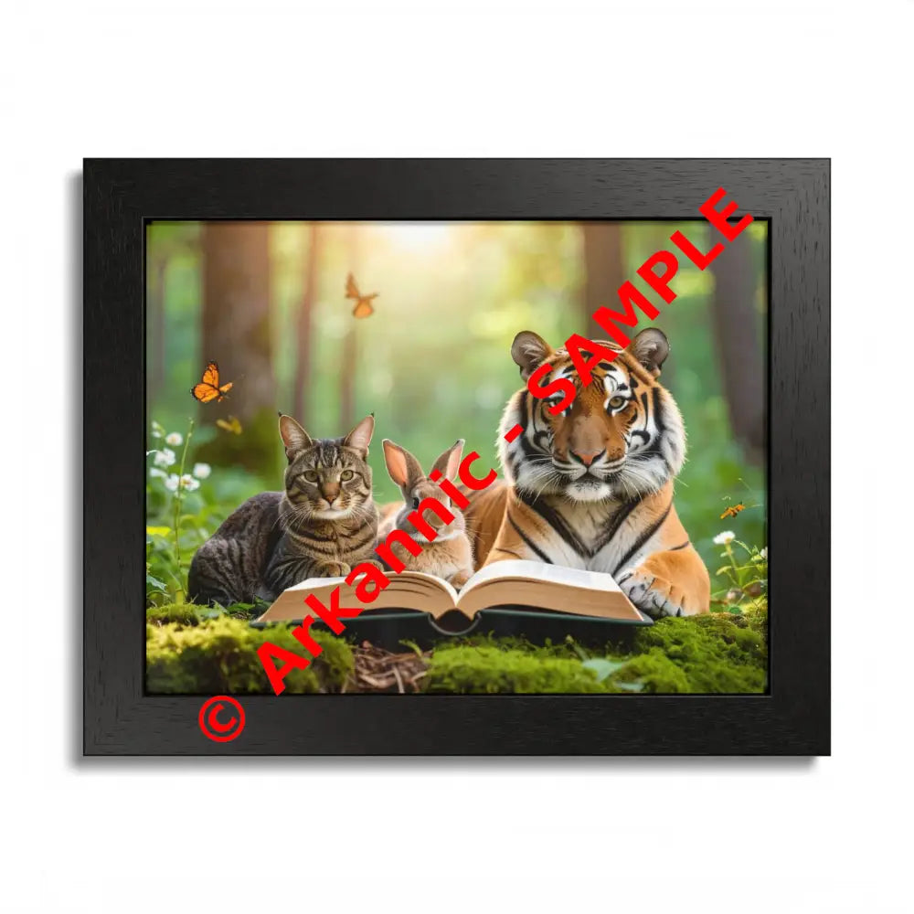 Whimsical Nature Framed Poster: Cats & Tigers Reading Animal Lovers Art Home Decor Gift for Kids Nursery Wall Art