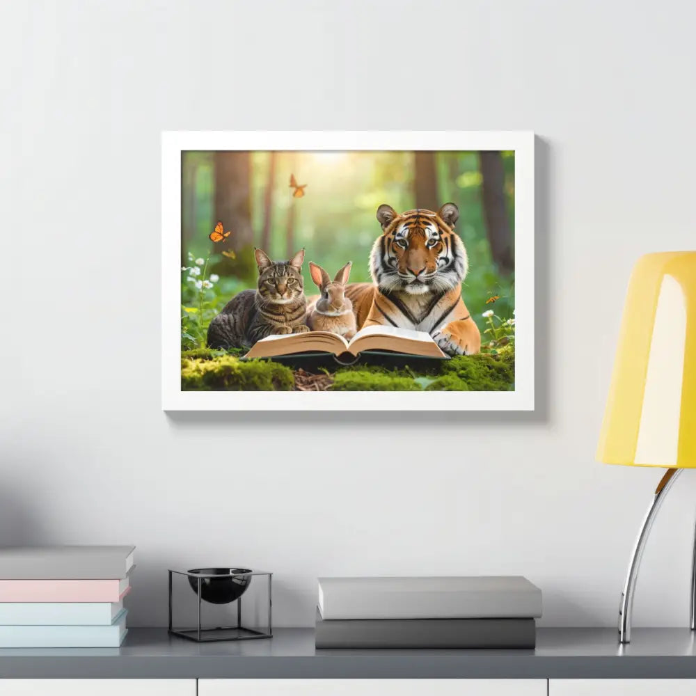 Whimsical Nature Framed Poster: Cats & Tigers Reading Animal Lovers Art Home Decor Gift for Kids Nursery Wall Art
