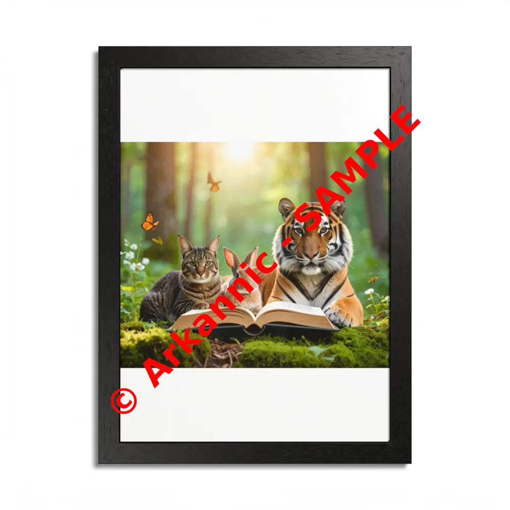 Whimsical Nature Framed Poster: Cats & Tigers Reading Animal Lovers Art Home Decor Gift for Kids Nursery Wall Art