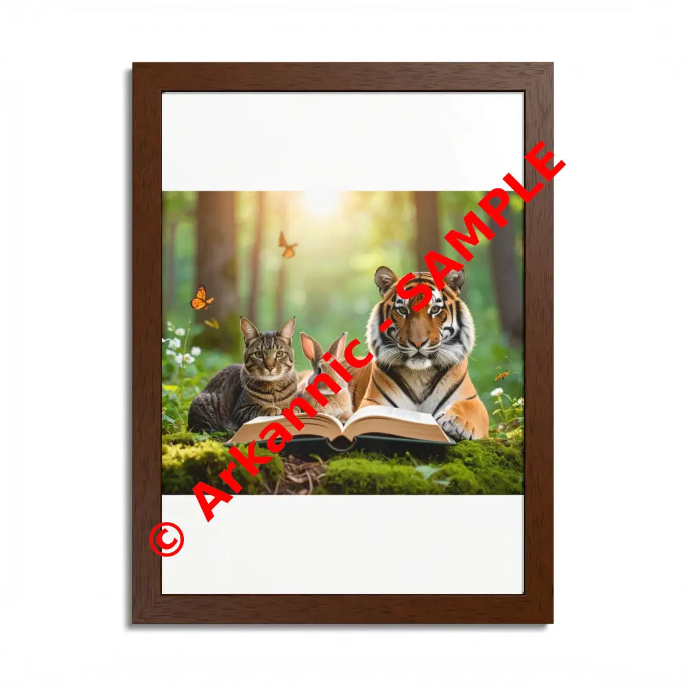 Whimsical Nature Framed Poster: Cats & Tigers Reading Animal Lovers Art Home Decor Gift for Kids Nursery Wall Art