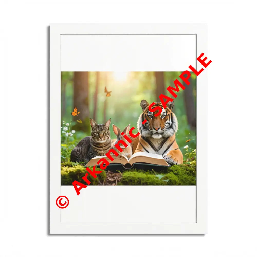 Whimsical Nature Framed Poster: Cats & Tigers Reading Animal Lovers Art Home Decor Gift for Kids Nursery Wall Art