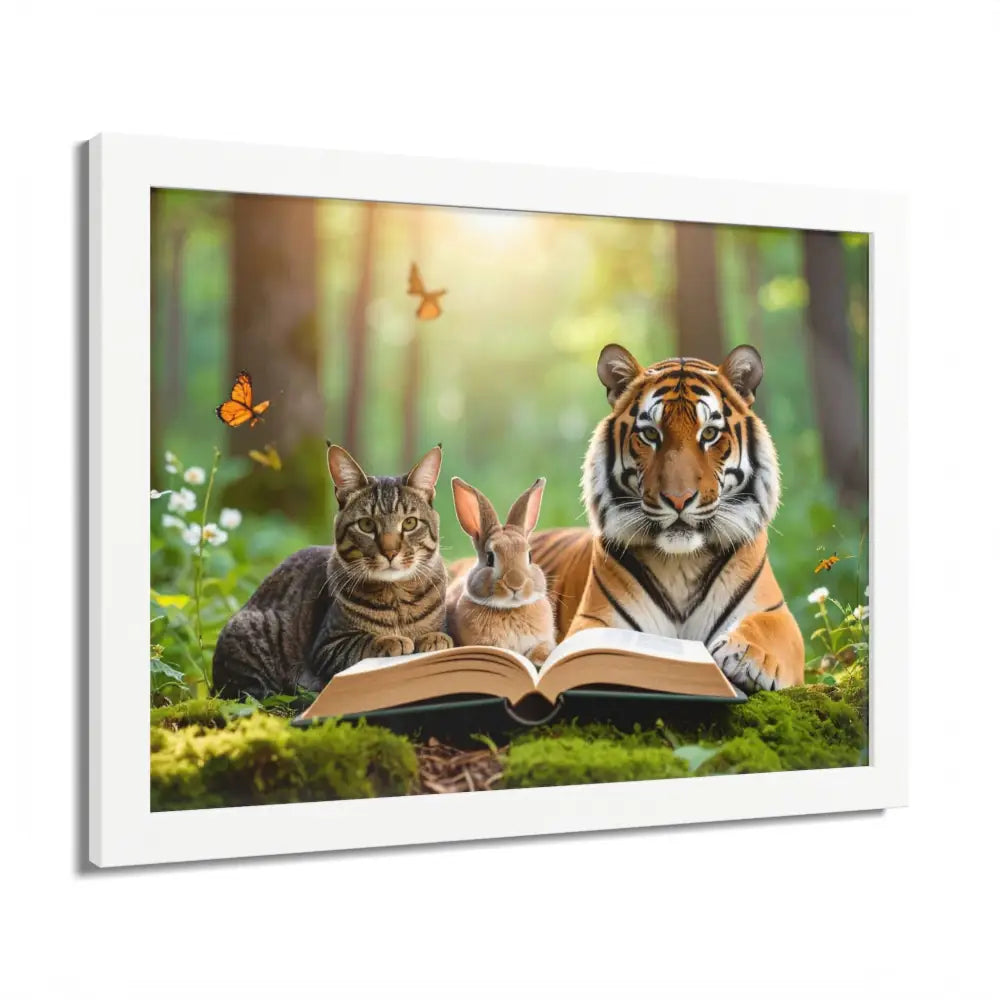 Whimsical Nature Framed Poster: Cats & Tigers Reading Animal Lovers Art Home Decor Gift for Kids Nursery Wall Art