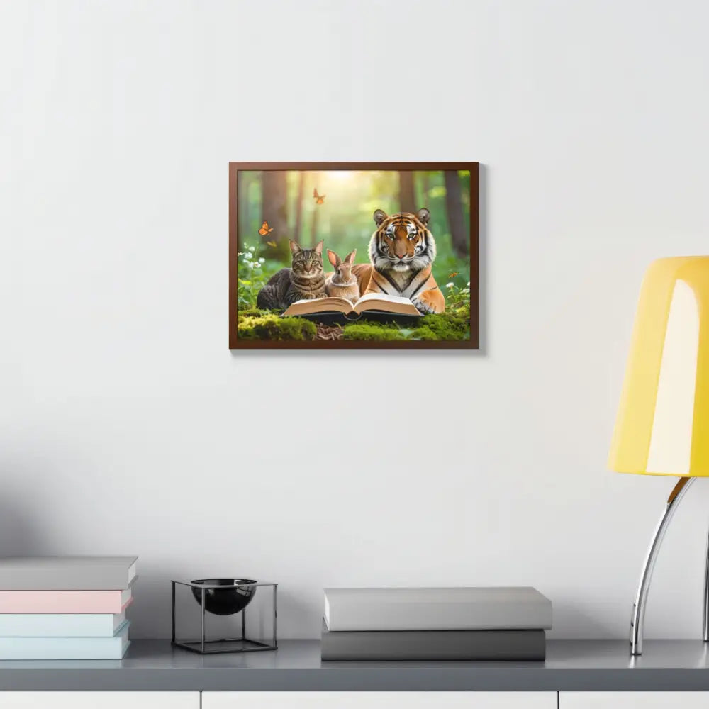 Whimsical Nature Framed Poster: Cats & Tigers Reading Animal Lovers Art Home Decor Gift for Kids Nursery Wall Art