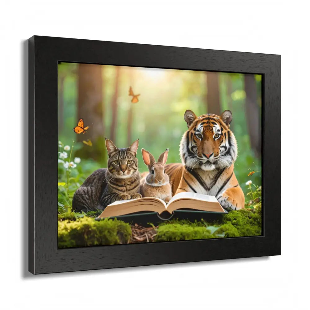 Whimsical Nature Framed Poster: Cats & Tigers Reading Animal Lovers Art Home Decor Gift for Kids Nursery Wall Art
