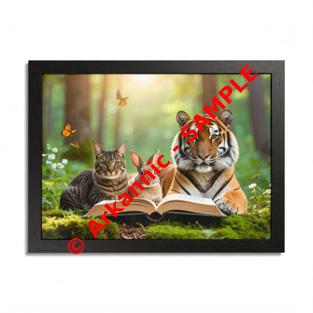 Whimsical Nature Framed Poster: Cats & Tigers Reading Animal Lovers Art Home Decor Gift for Kids Nursery Wall Art
