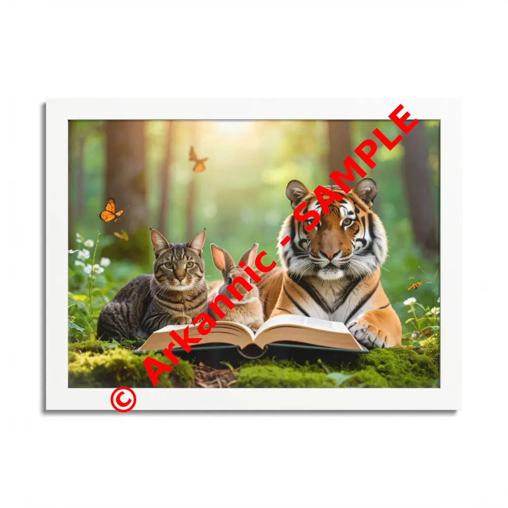 Whimsical Nature Framed Poster: Cats & Tigers Reading Animal Lovers Art Home Decor Gift for Kids Nursery Wall Art