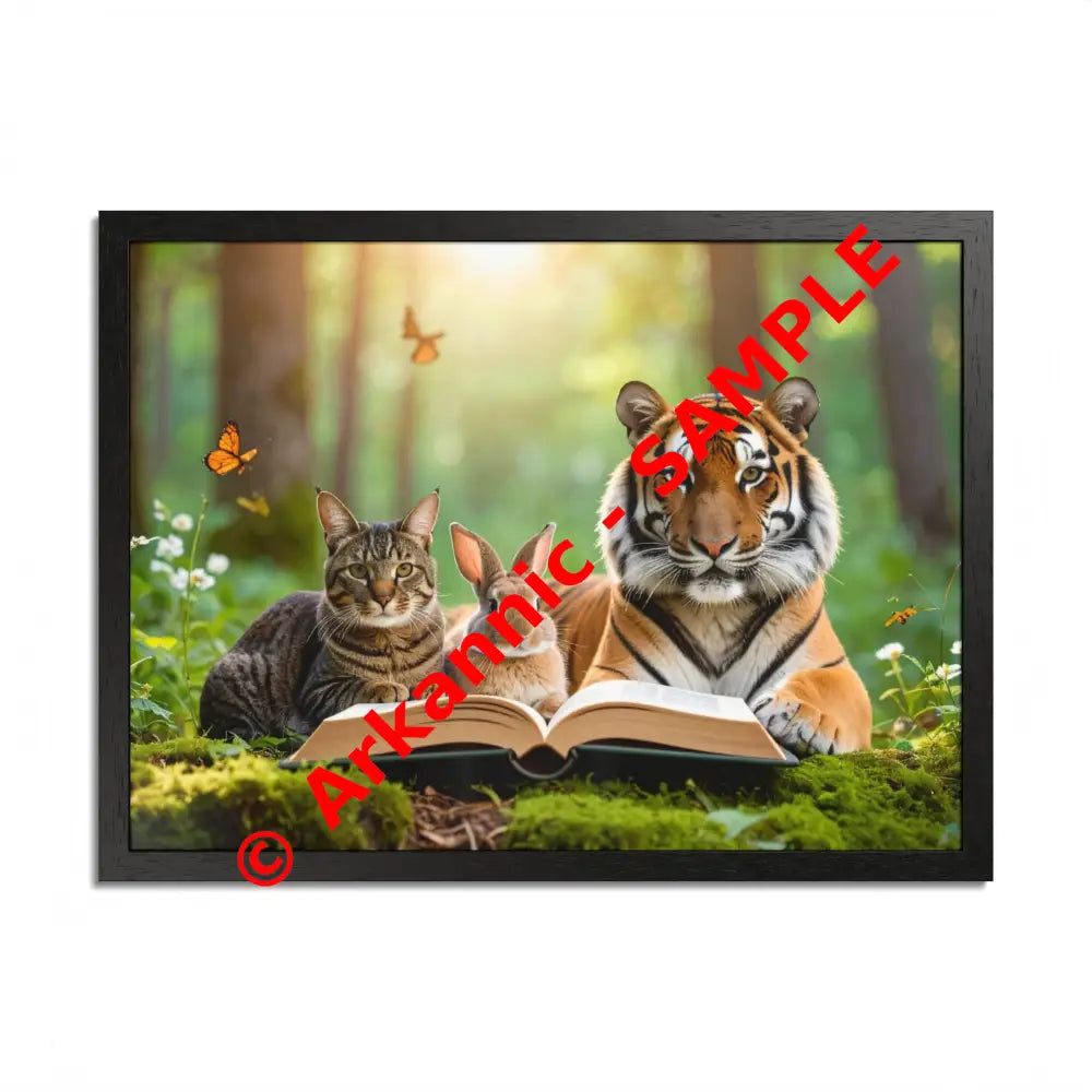 Whimsical Nature Framed Poster: Cats & Tigers Reading Animal Lovers Art Home Decor Gift for Kids Nursery Wall Art