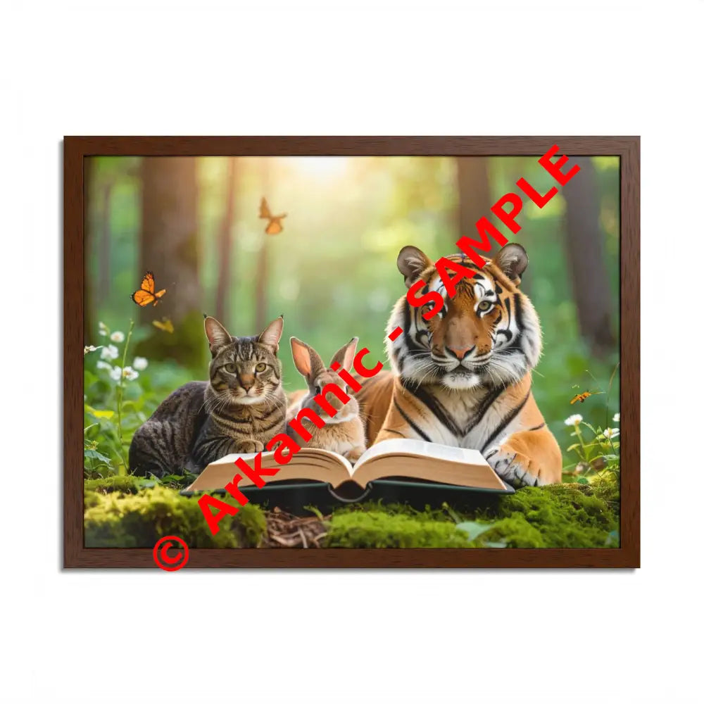 Whimsical Nature Framed Poster: Cats & Tigers Reading Animal Lovers Art Home Decor Gift for Kids Nursery Wall Art
