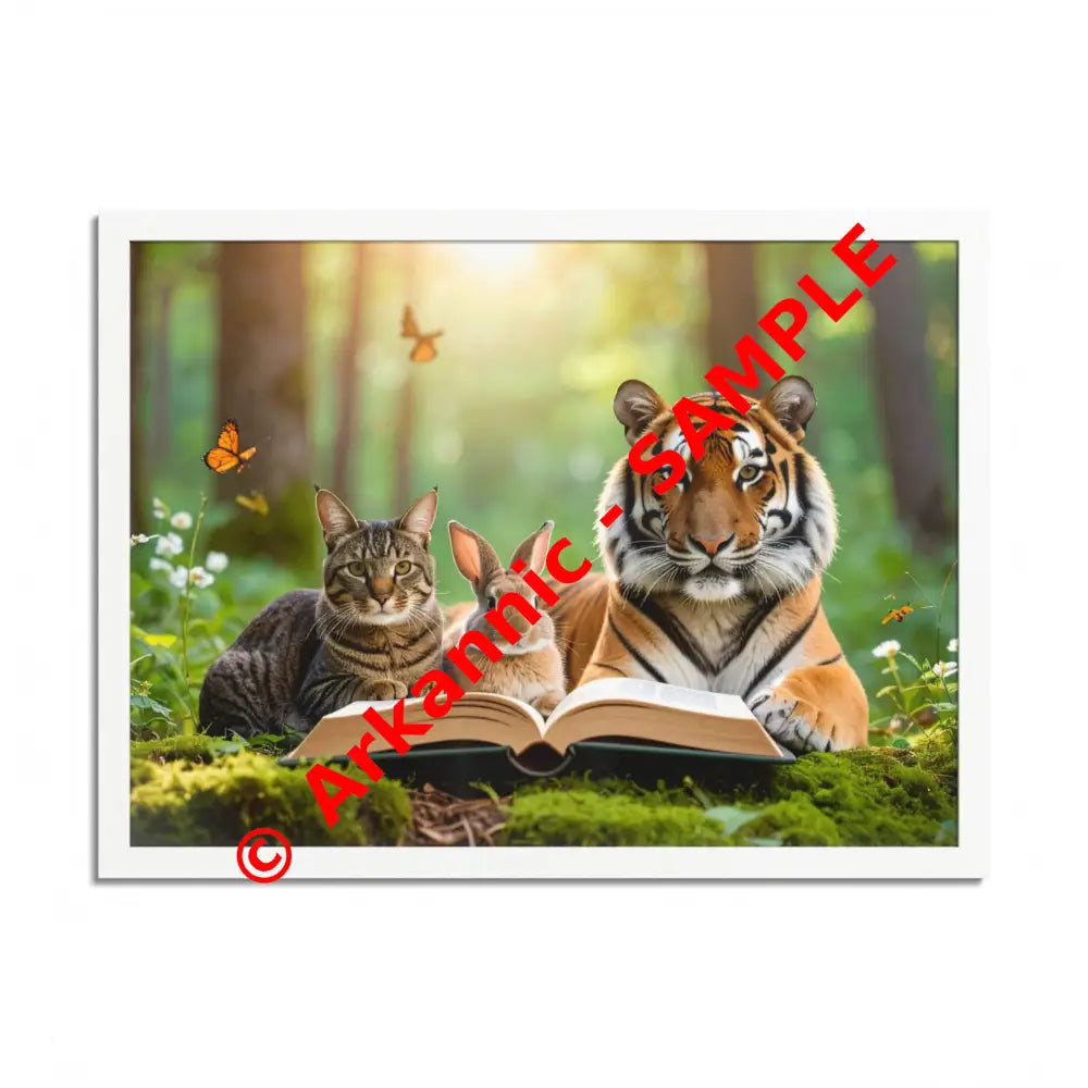 Whimsical Nature Framed Poster: Cats & Tigers Reading Animal Lovers Art Home Decor Gift for Kids Nursery Wall Art