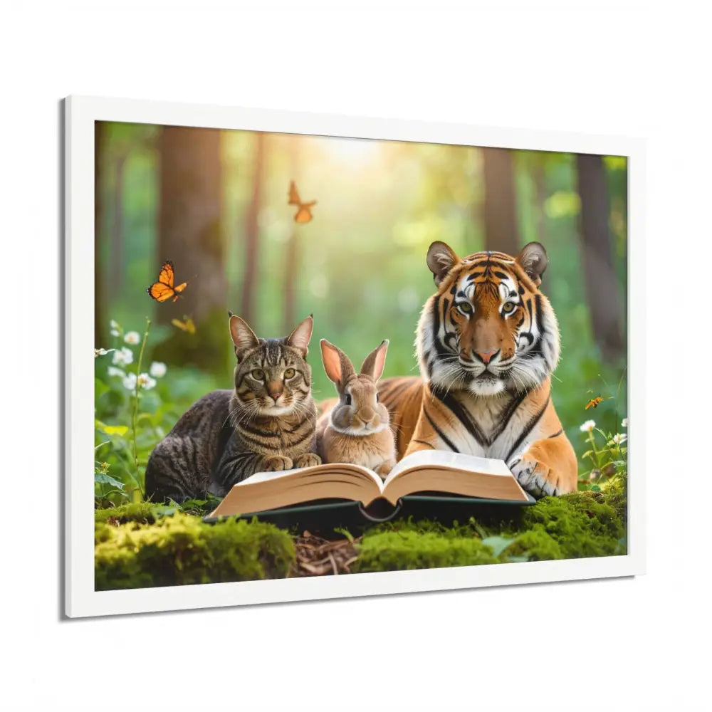 Whimsical Nature Framed Poster: Cats & Tigers Reading Animal Lovers Art Home Decor Gift for Kids Nursery Wall Art