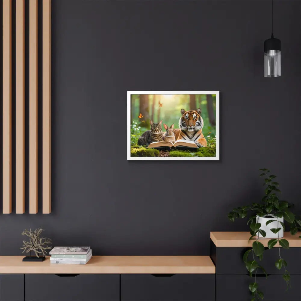 Whimsical Nature Framed Poster: Cats & Tigers Reading Animal Lovers Art Home Decor Gift for Kids Nursery Wall Art