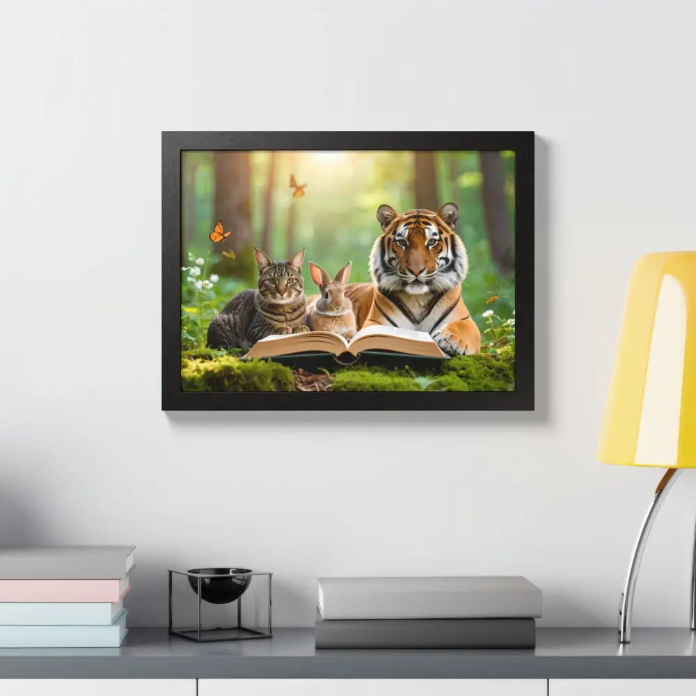 Whimsical Nature Framed Poster: Cats & Tigers Reading Animal Lovers Art Home Decor Gift for Kids Nursery Wall Art