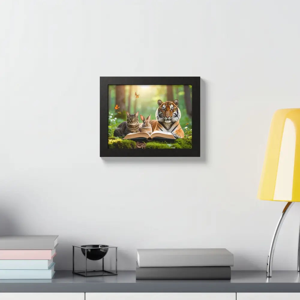 Whimsical Nature Framed Poster: Cats & Tigers Reading Animal Lovers Art Home Decor Gift for Kids Nursery Wall Art