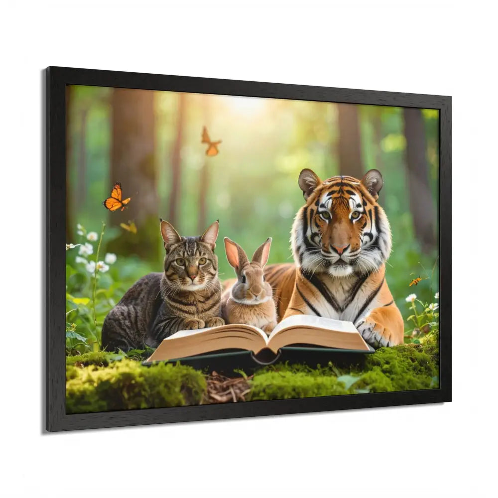 Whimsical Nature Framed Poster: Cats & Tigers Reading Animal Lovers Art Home Decor Gift for Kids Nursery Wall Art