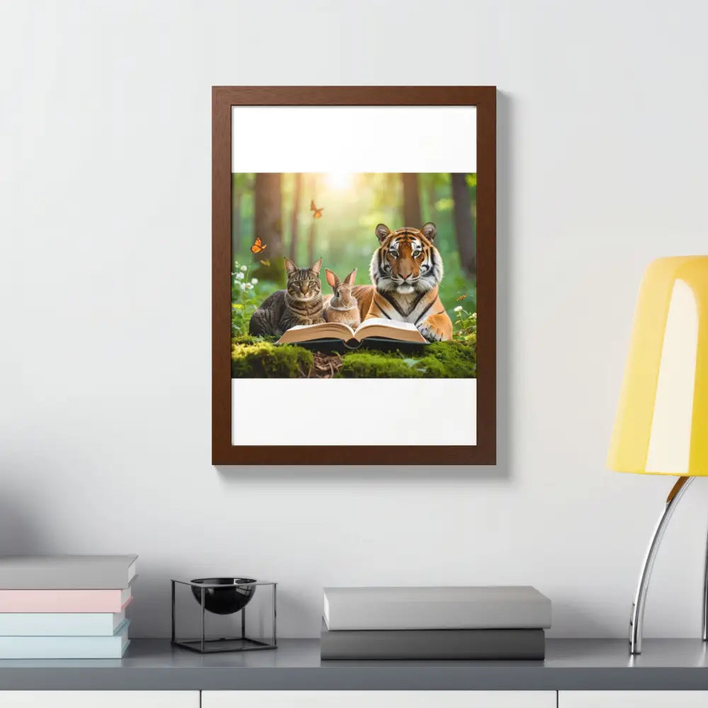 Whimsical Nature Framed Poster: Cats & Tigers Reading Animal Lovers Art Home Decor Gift for Kids Nursery Wall Art