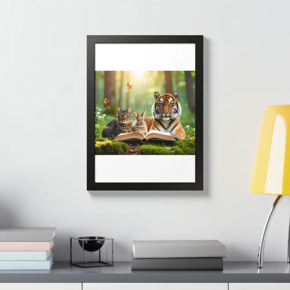 Whimsical Nature Framed Poster: Cats & Tigers Reading Animal Lovers Art Home Decor Gift for Kids Nursery Wall Art