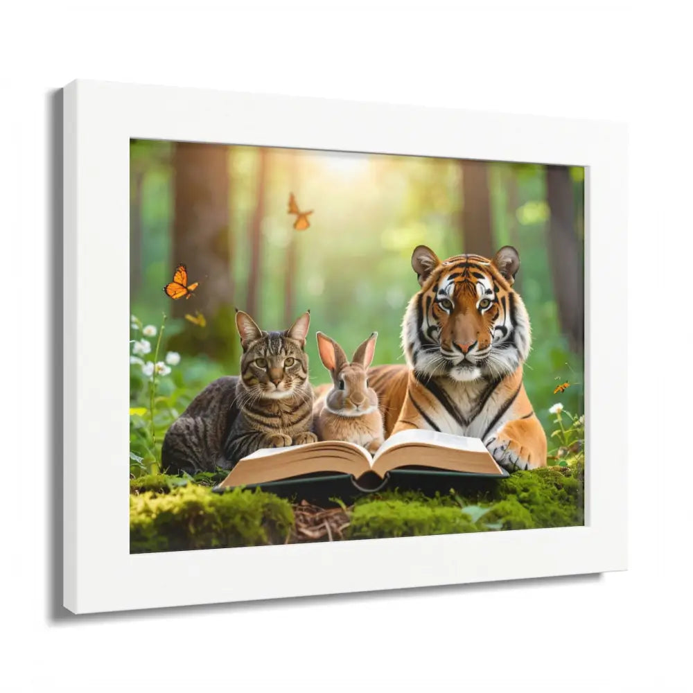 Whimsical Nature Framed Poster: Cats & Tigers Reading Animal Lovers Art Home Decor Gift for Kids Nursery Wall Art