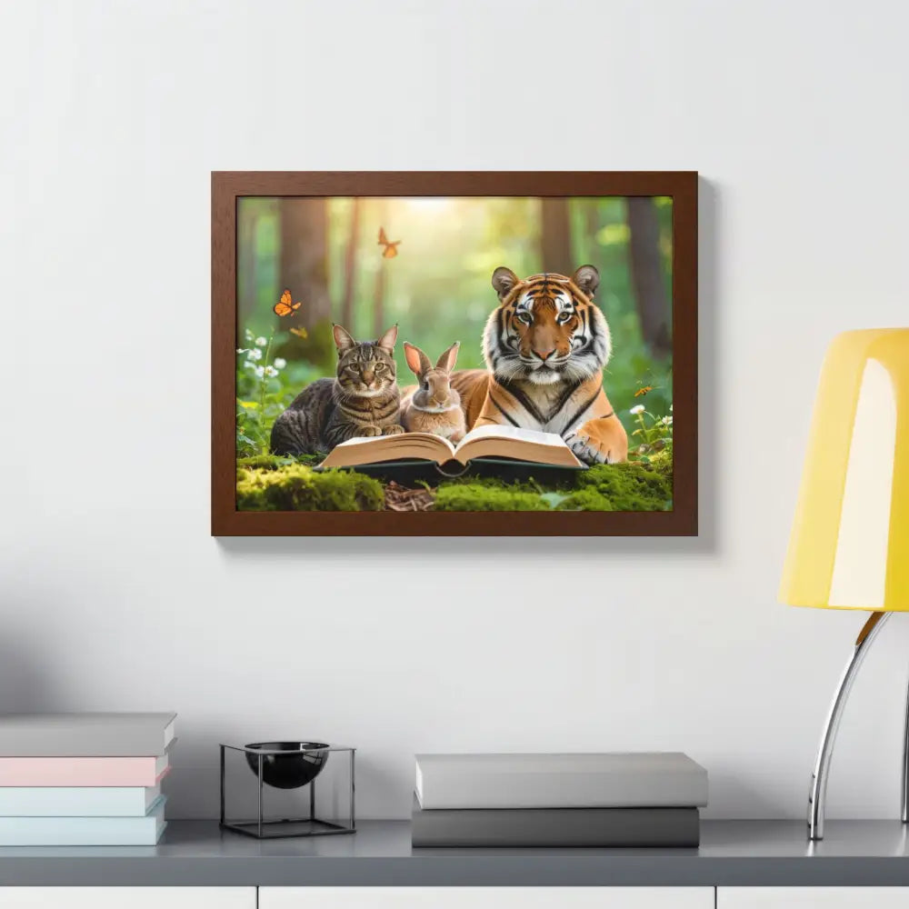 Whimsical Nature Framed Poster: Cats & Tigers Reading Animal Lovers Art Home Decor Gift for Kids Nursery Wall Art