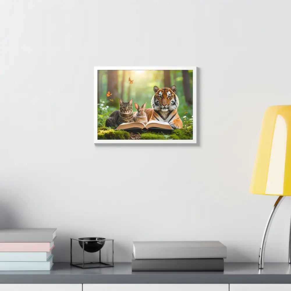 Whimsical Nature Framed Poster: Cats & Tigers Reading Animal Lovers Art Home Decor Gift for Kids Nursery Wall Art